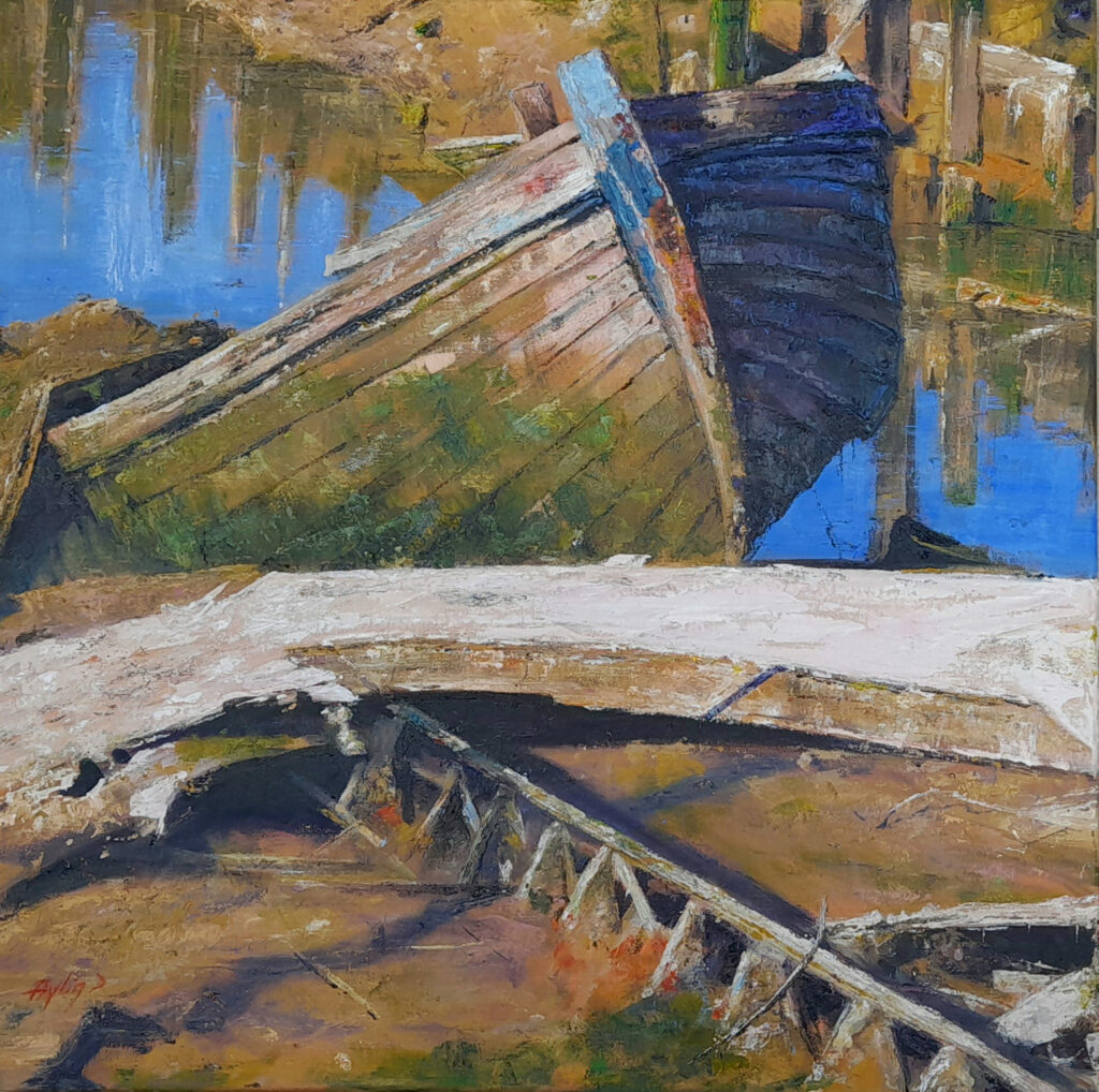 Adur Art Collective oil painting by member artist Aylin Dengizer-Sharp, of the hulk of a boat, in greens and browns, with a bright blue background and reflections in the water.